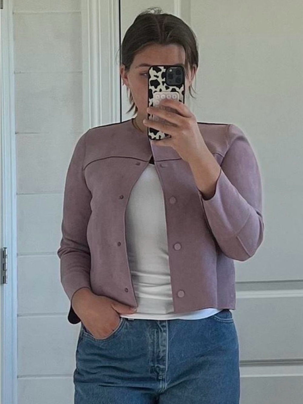 Chico's Jacket Women’s 3 XL Lilac Faux Suede Soft Snap Front Preppy Minimalist
